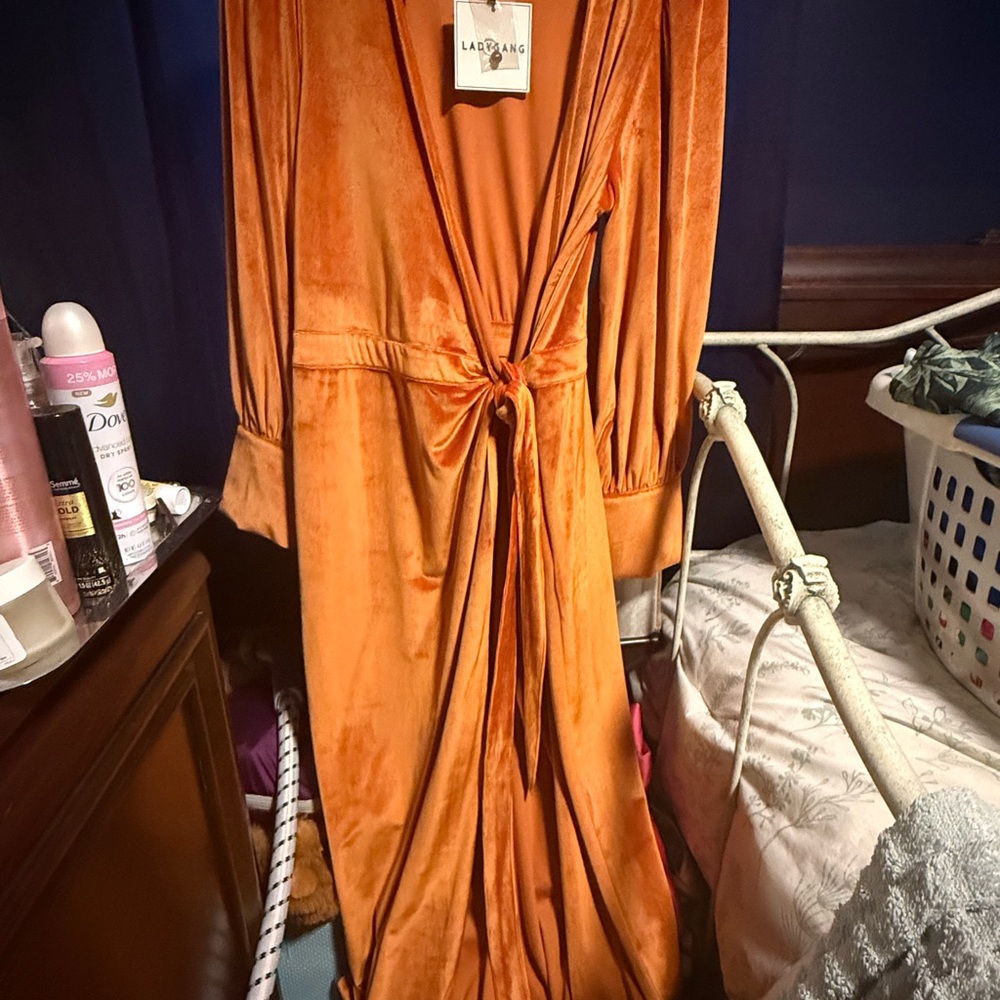 RARE LadyGang Orange Velvet Wrap Dress